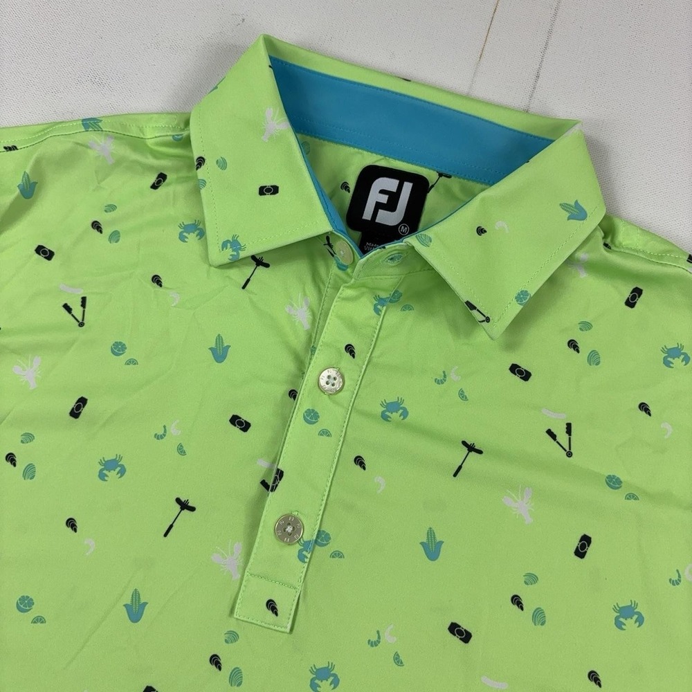 FootJoy Golf Polo Shirt Mens M Green Graphic Stretch Jersey Short Sleeve
